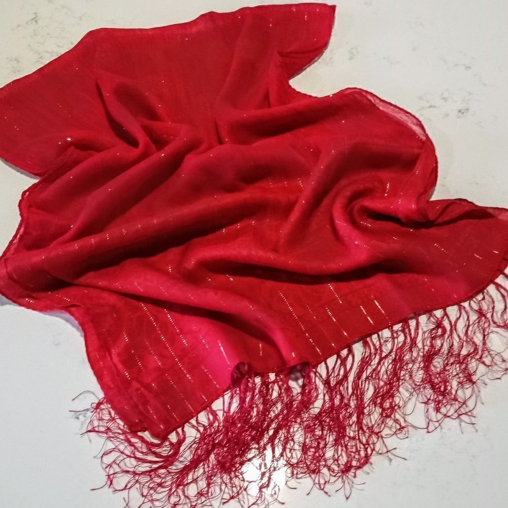 Red Oblong Fringed Metallic Scarf/Wrap